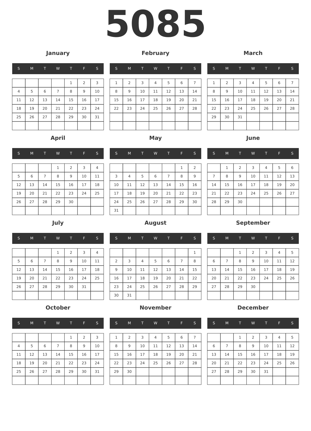 Printable 5085 Year Calendars dark