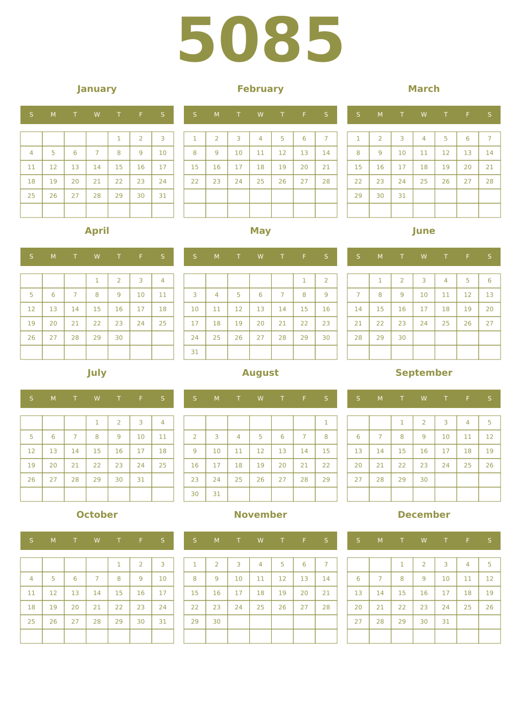 Printable 5085 Year Calendars eburnean