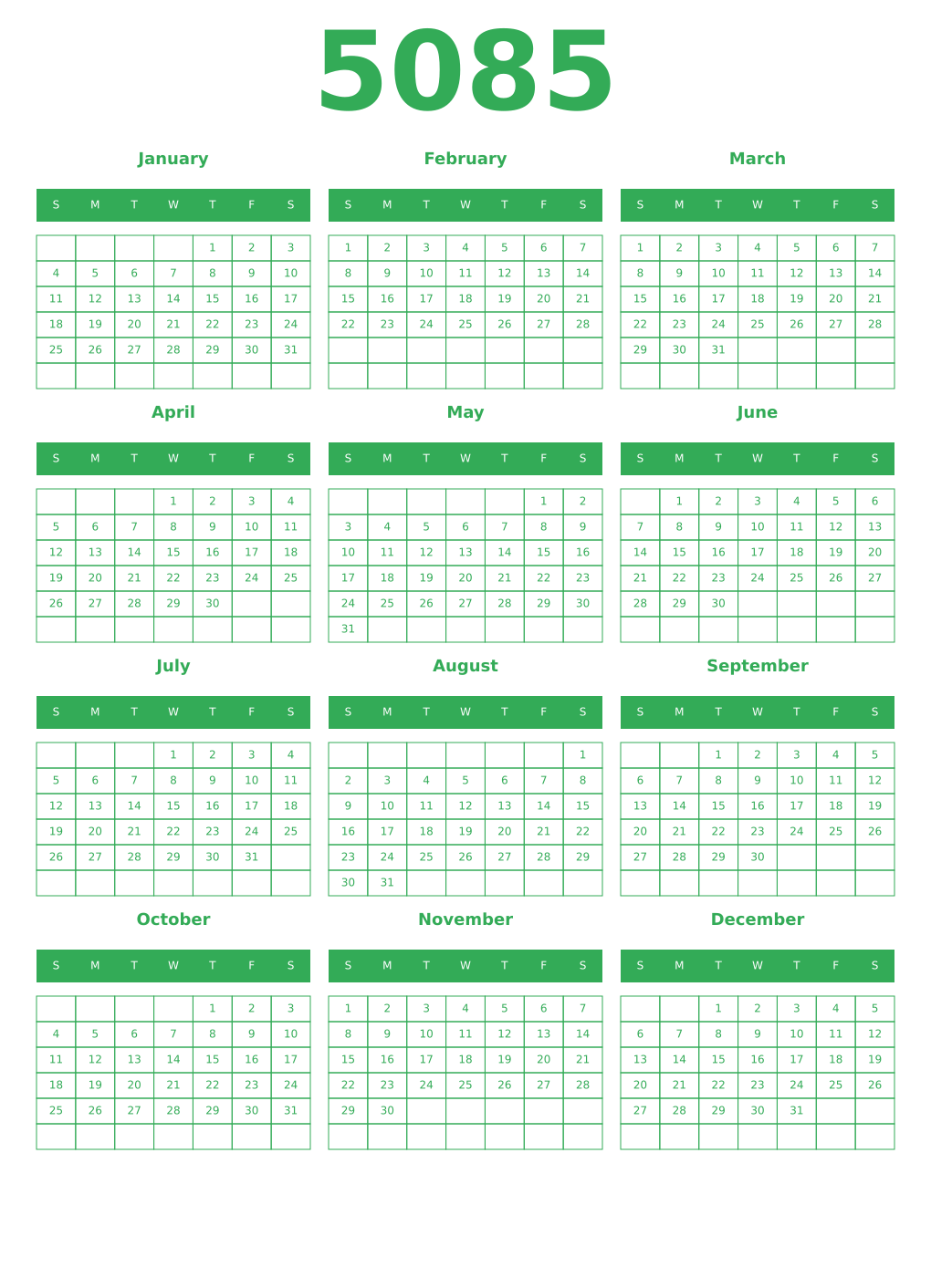 Printable 5085 Year Calendars green