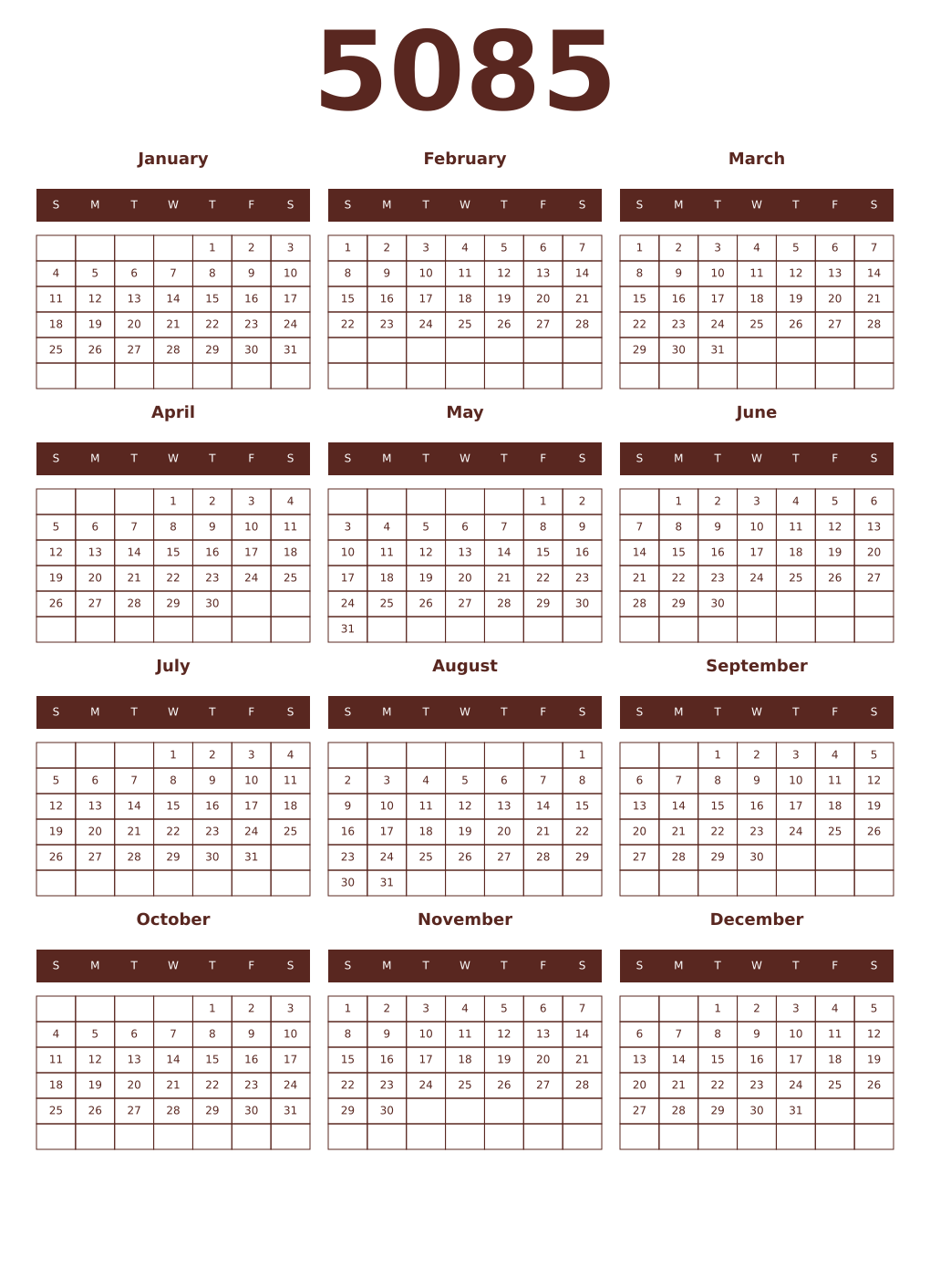 Printable 5085 Year Calendars mortuum