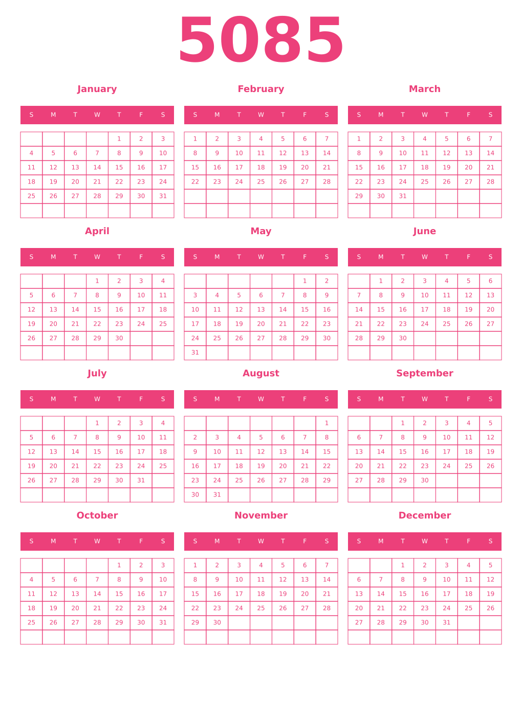 Printable 5085 Year Calendars pink