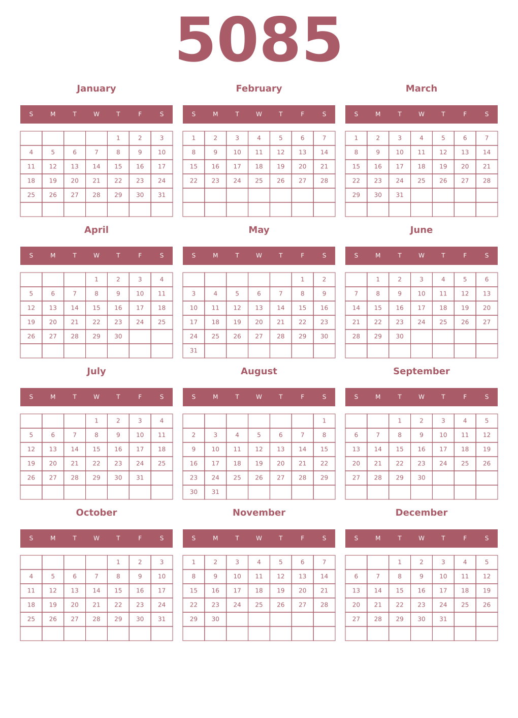 Printable 5085 Year Calendars puce