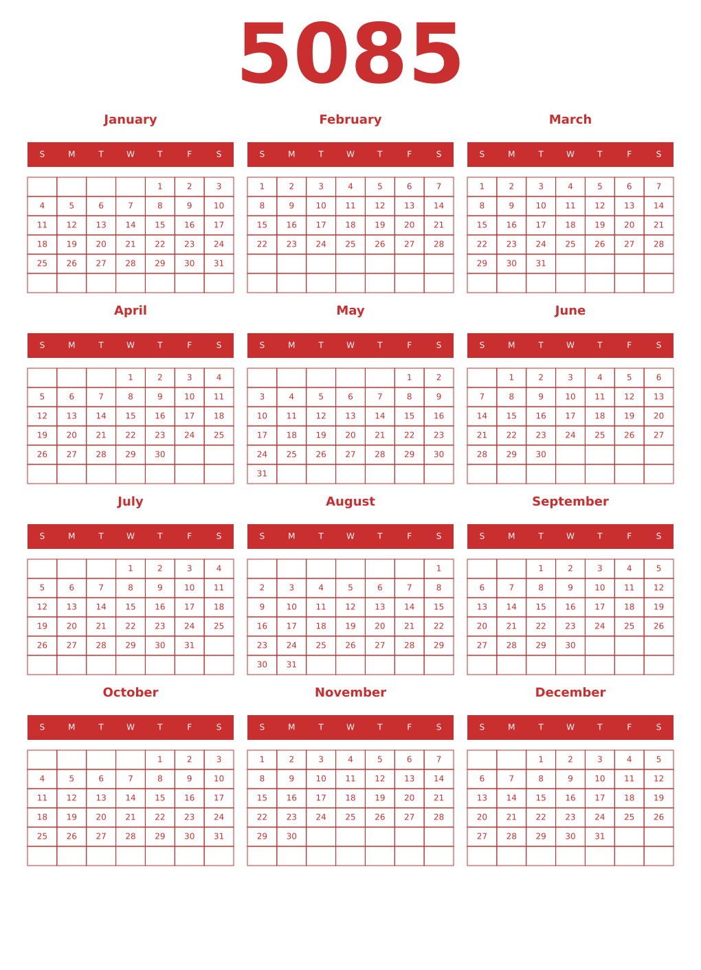 Printable 5085 Year Calendars red