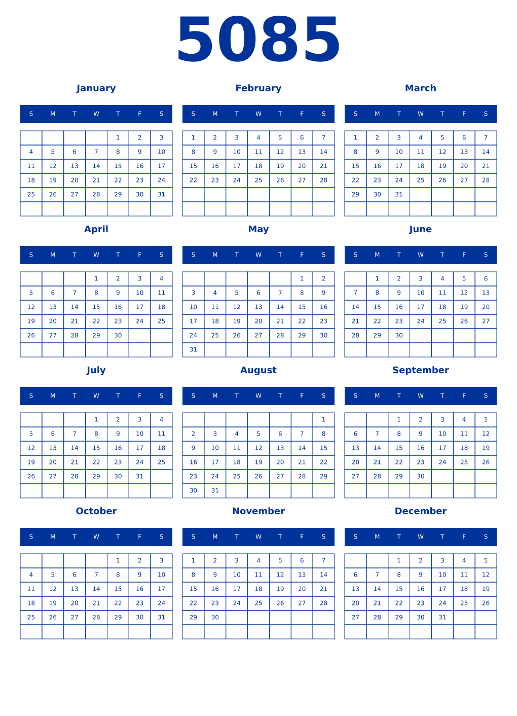 Printable 5085 Year Calendars smalt