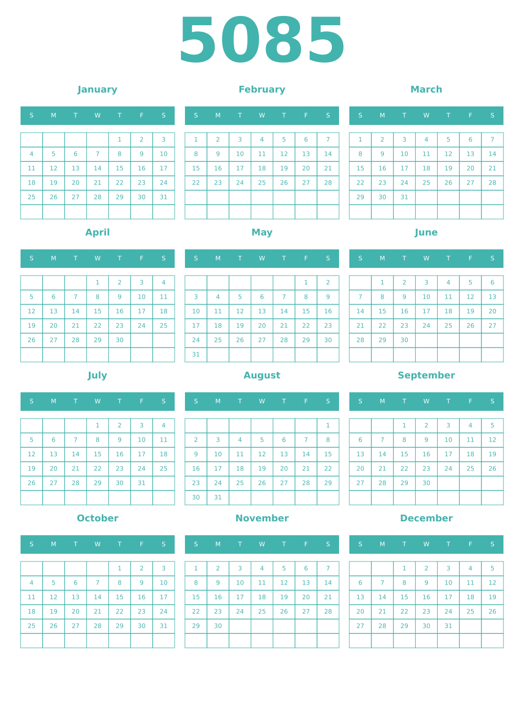 Printable 5085 Year Calendars verdigris