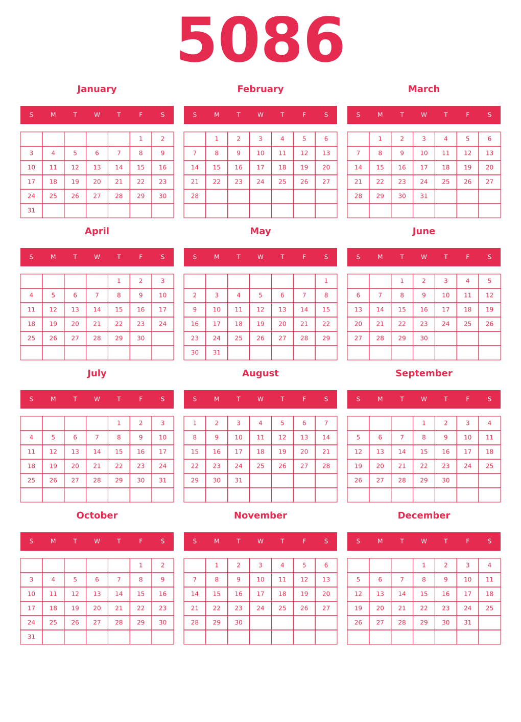 Printable 5086 Year Calendars amaranth
