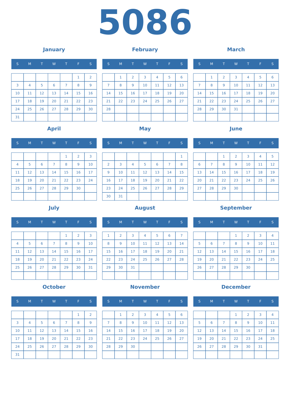 Printable 5086 Year Calendars blue