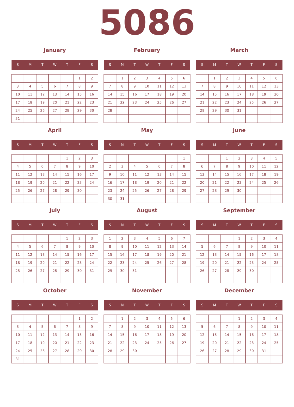 Printable 5086 Year Calendars cordovan