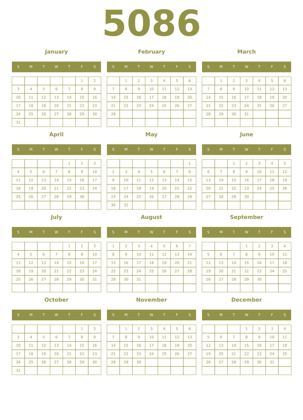 Printable 5086 Year Calendars eburnean