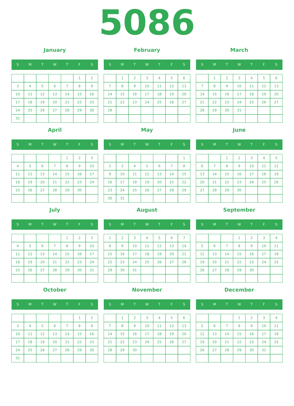 Printable 5086 Year Calendars green