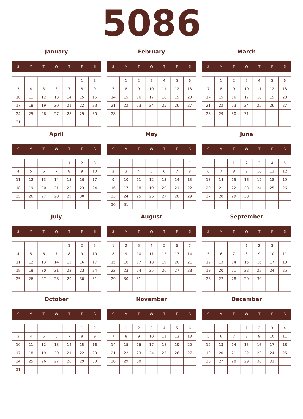 Printable 5086 Year Calendars mortuum