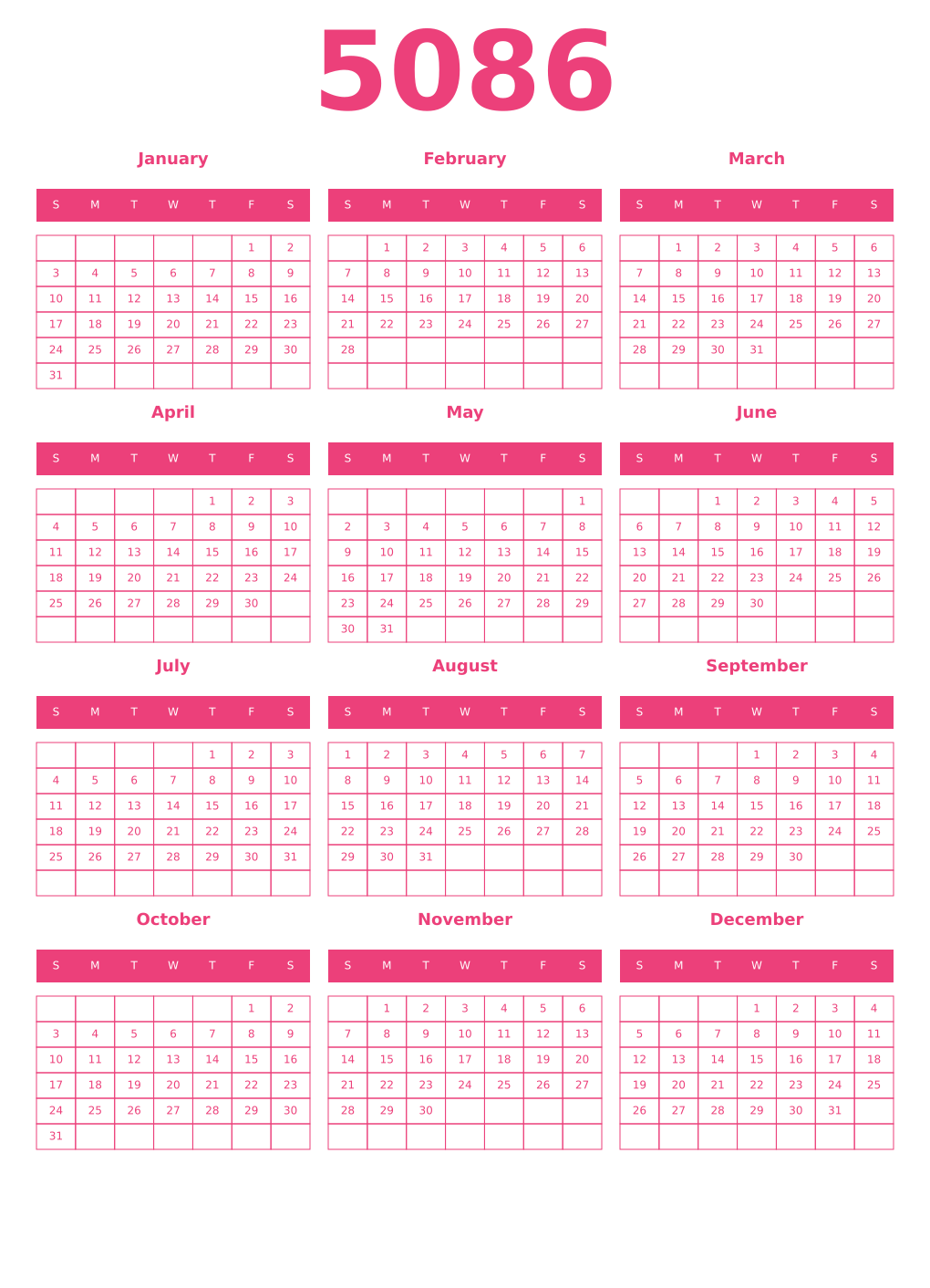 Printable 5086 Year Calendars pink