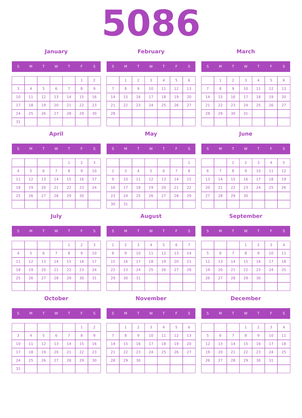 Printable 5086 Year Calendars purple