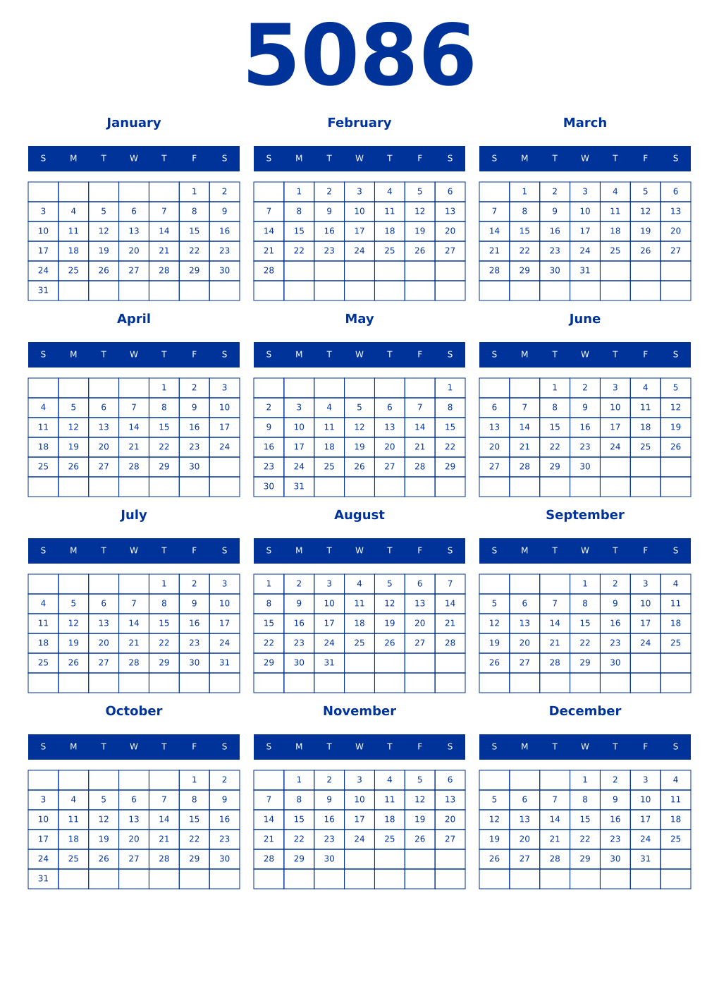 Printable 5086 Year Calendars smalt