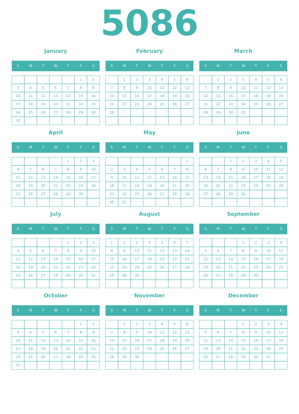 Printable 5086 Year Calendars verdigris