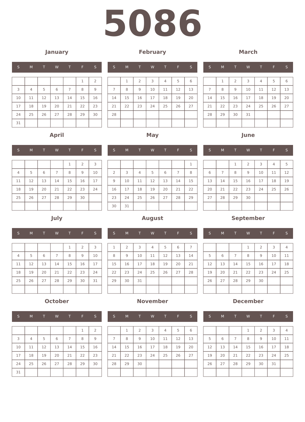 Printable 5086 Year Calendars wenge