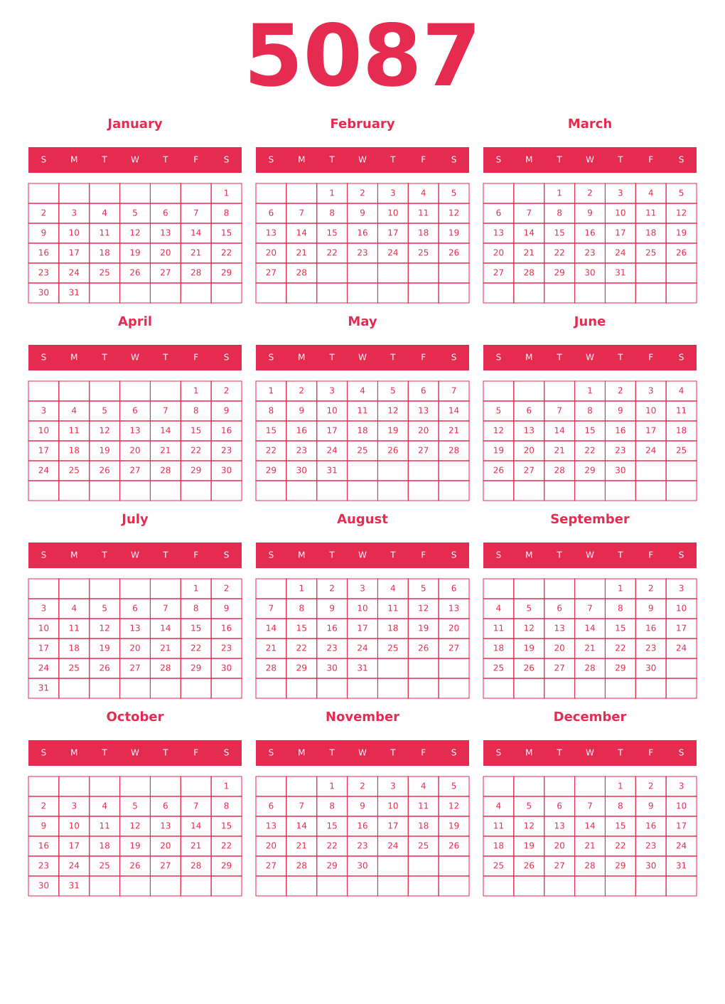 Printable 5087 Year Calendars amaranth