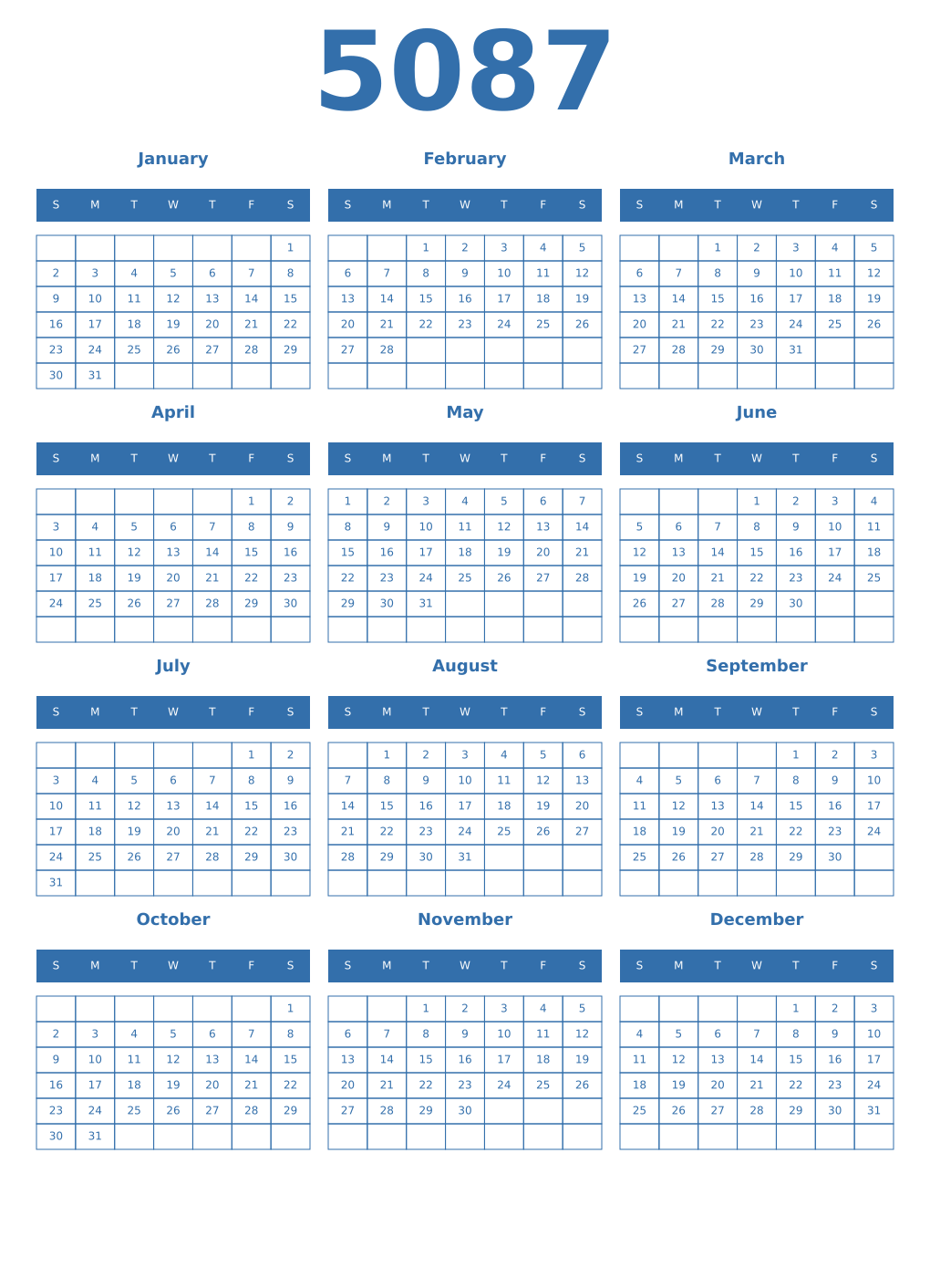 Printable 5087 Year Calendars blue