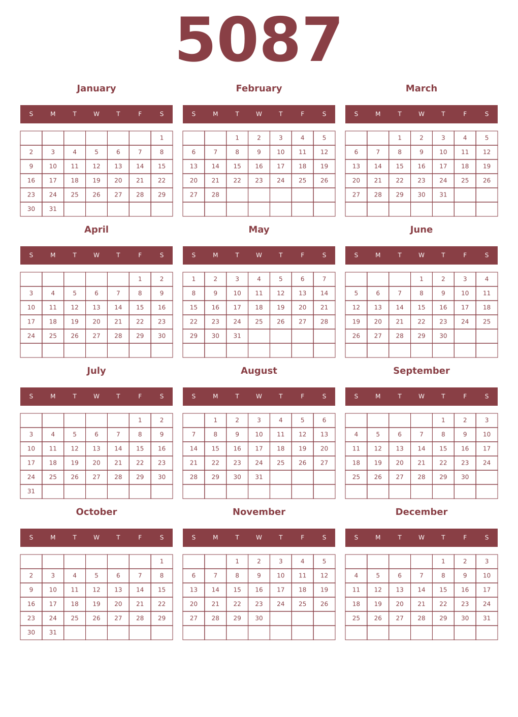 Printable 5087 Year Calendars cordovan