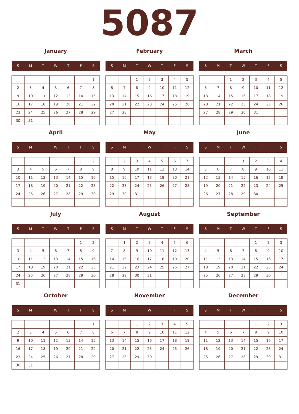 Printable 5087 Year Calendars mortuum