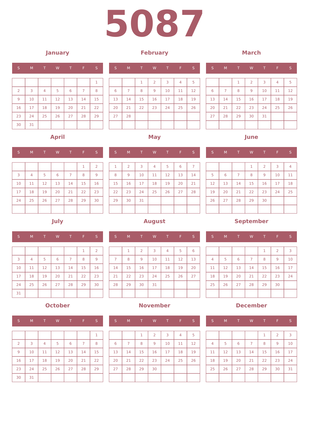 Printable 5087 Year Calendars puce