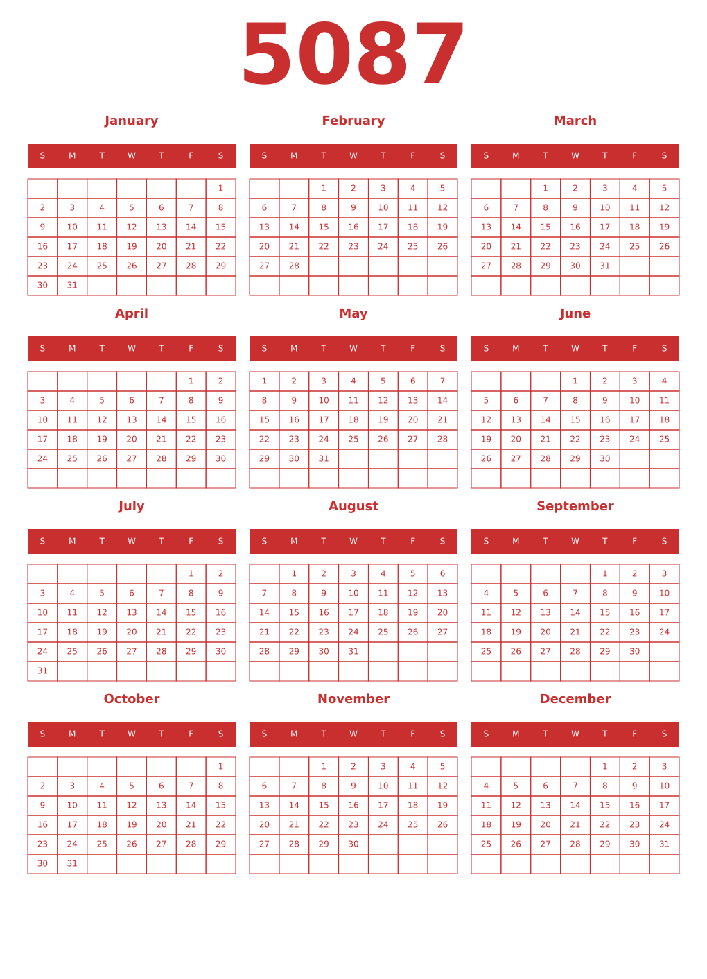 Printable 5087 Year Calendars red