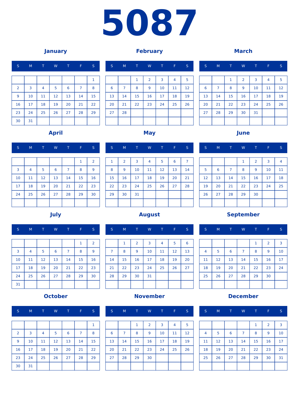 Printable 5087 Year Calendars smalt