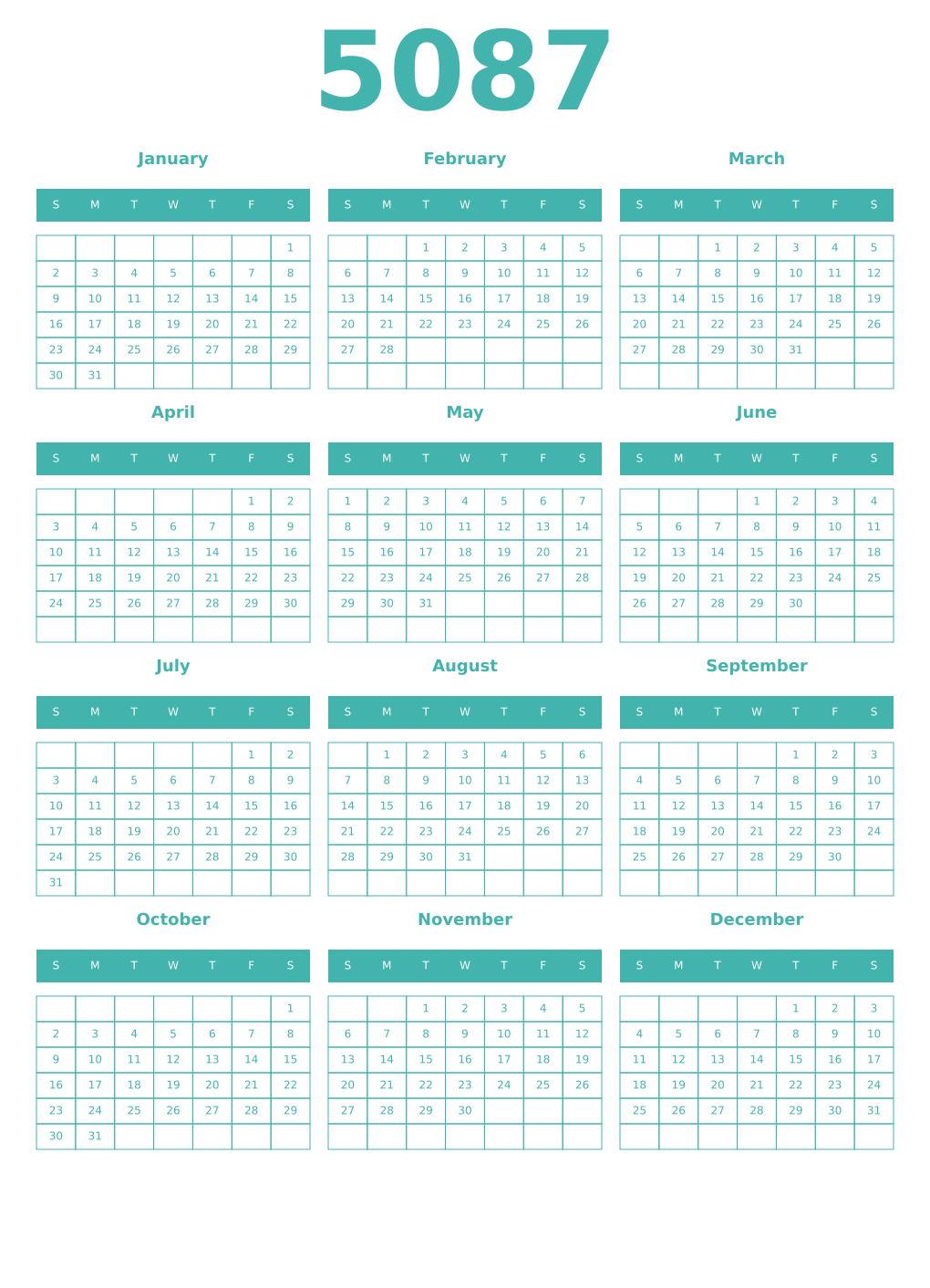 Printable 5087 Year Calendars verdigris