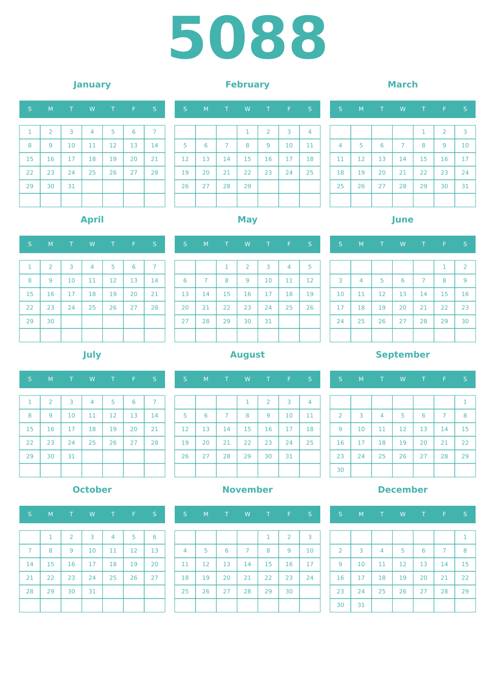Printable 5088 Year Calendars verdigris