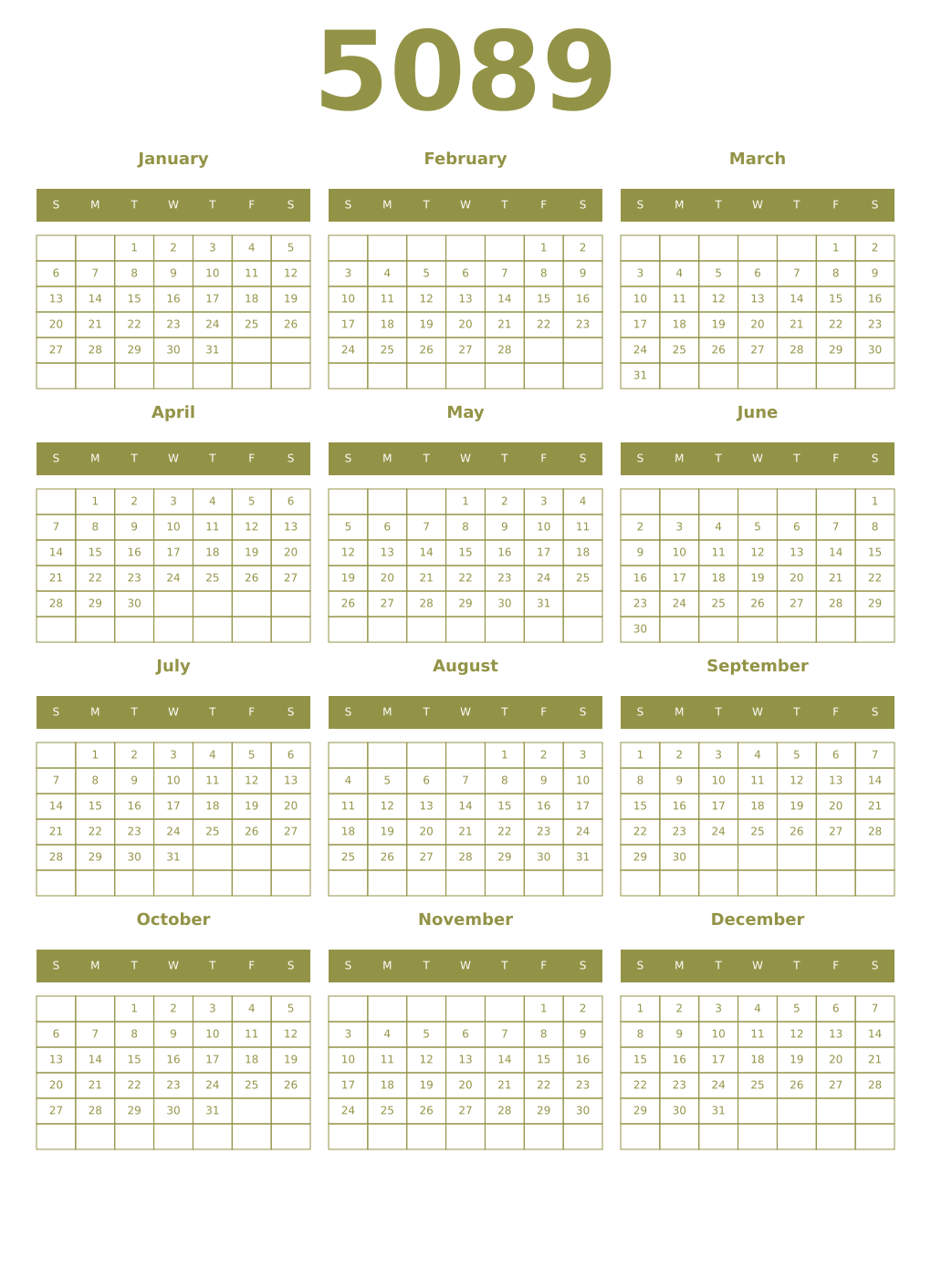Printable 5089 Year Calendars eburnean