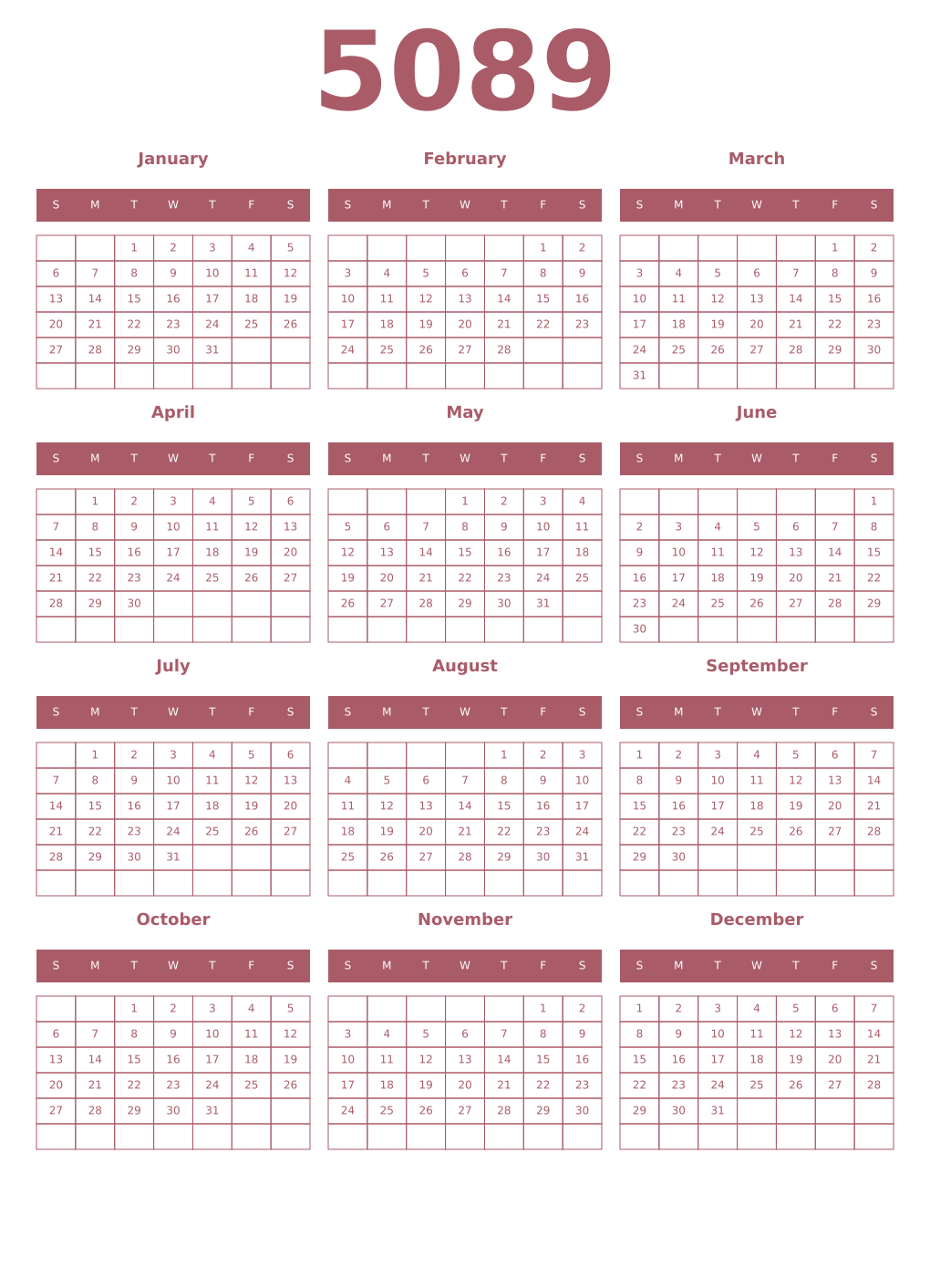 Printable 5089 Year Calendars puce