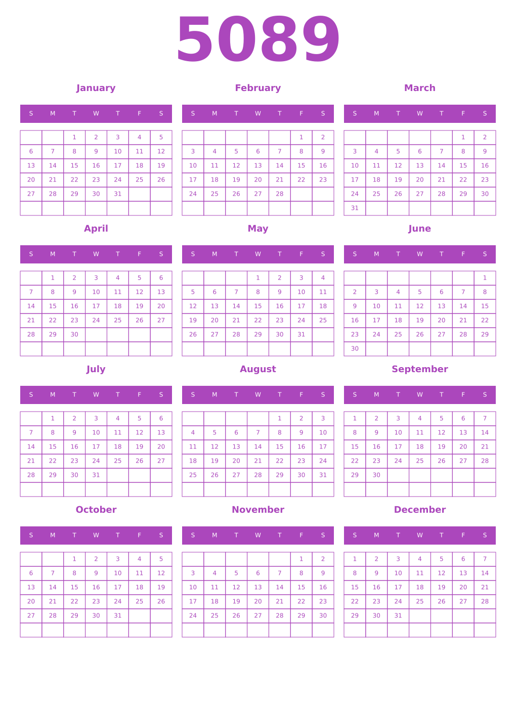 Printable 5089 Year Calendars purple
