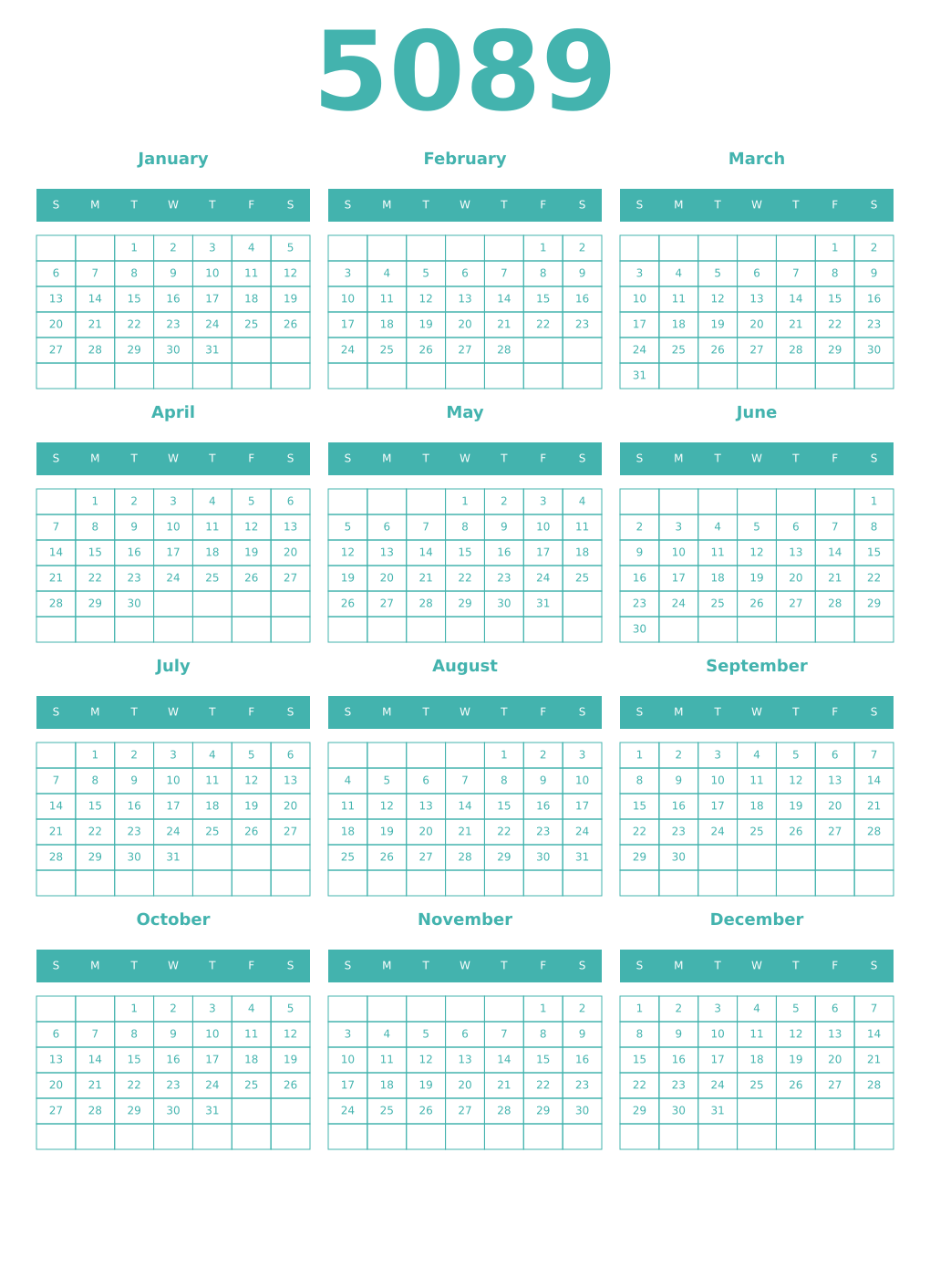 Printable 5089 Year Calendars verdigris