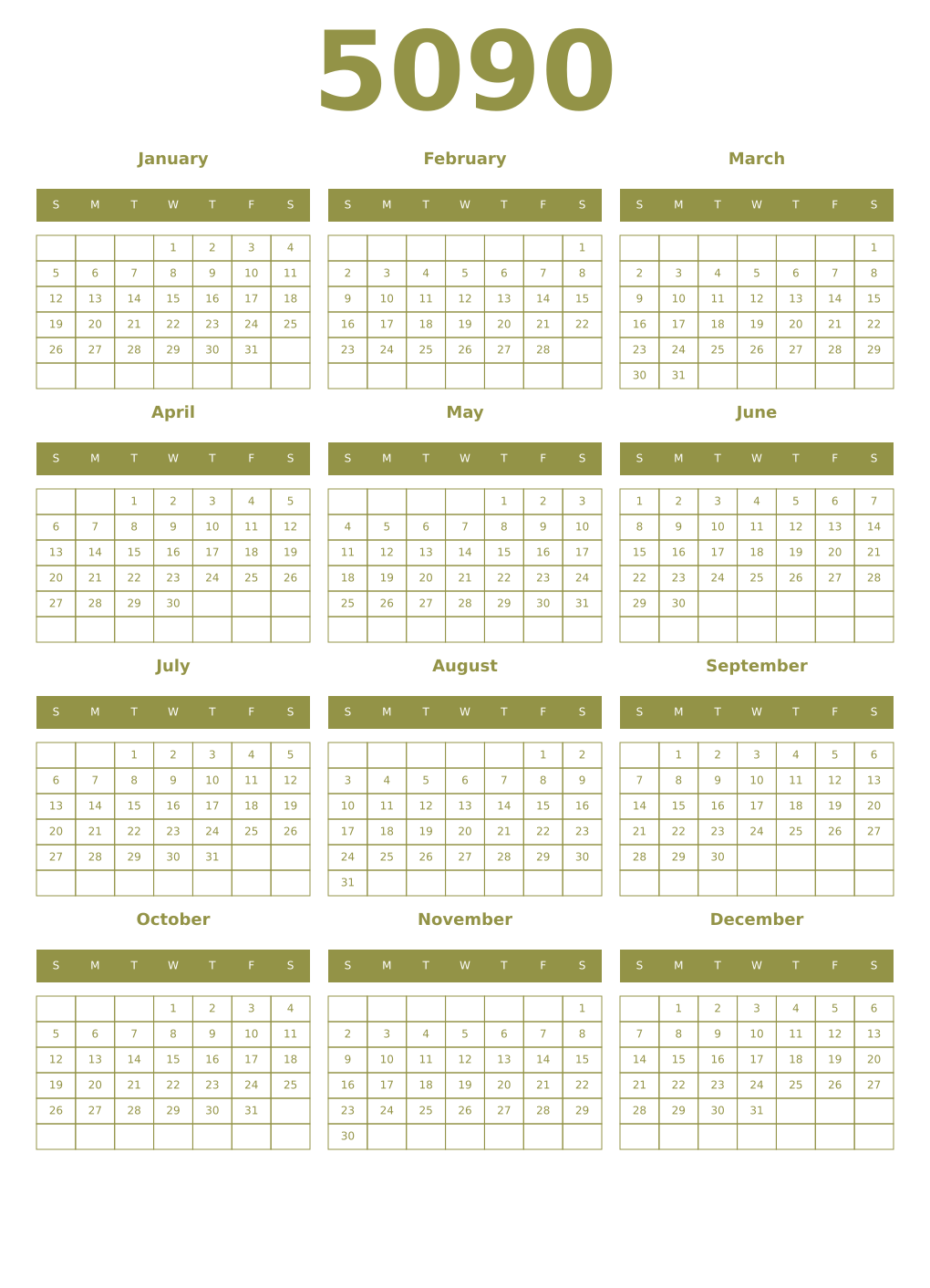 Printable 5090 Year Calendars eburnean