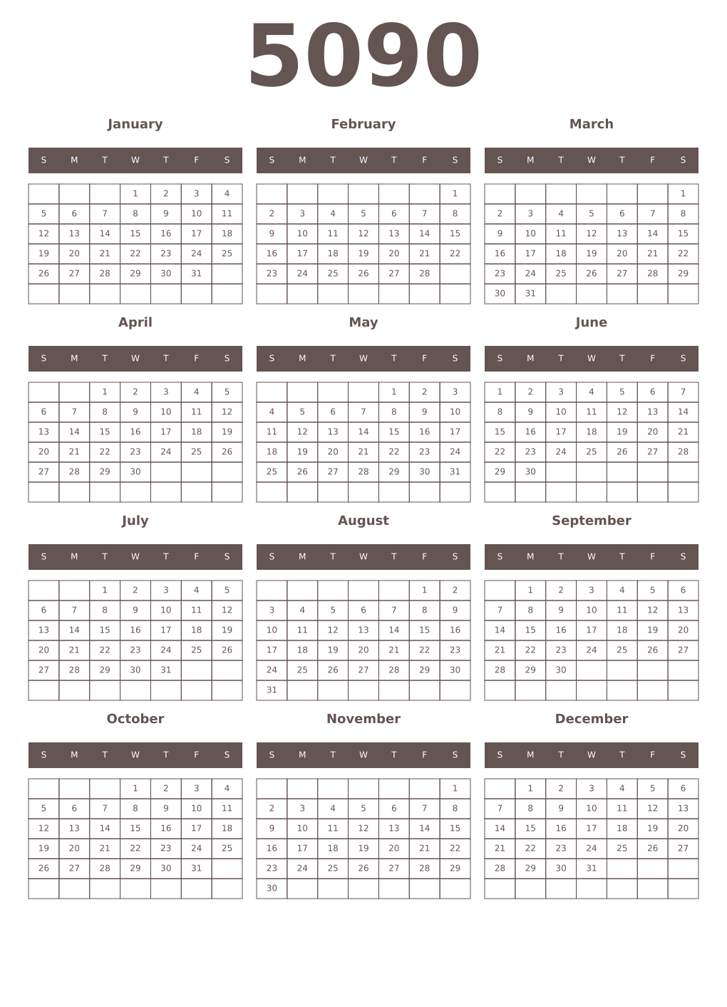 Printable 5090 Year Calendars wenge