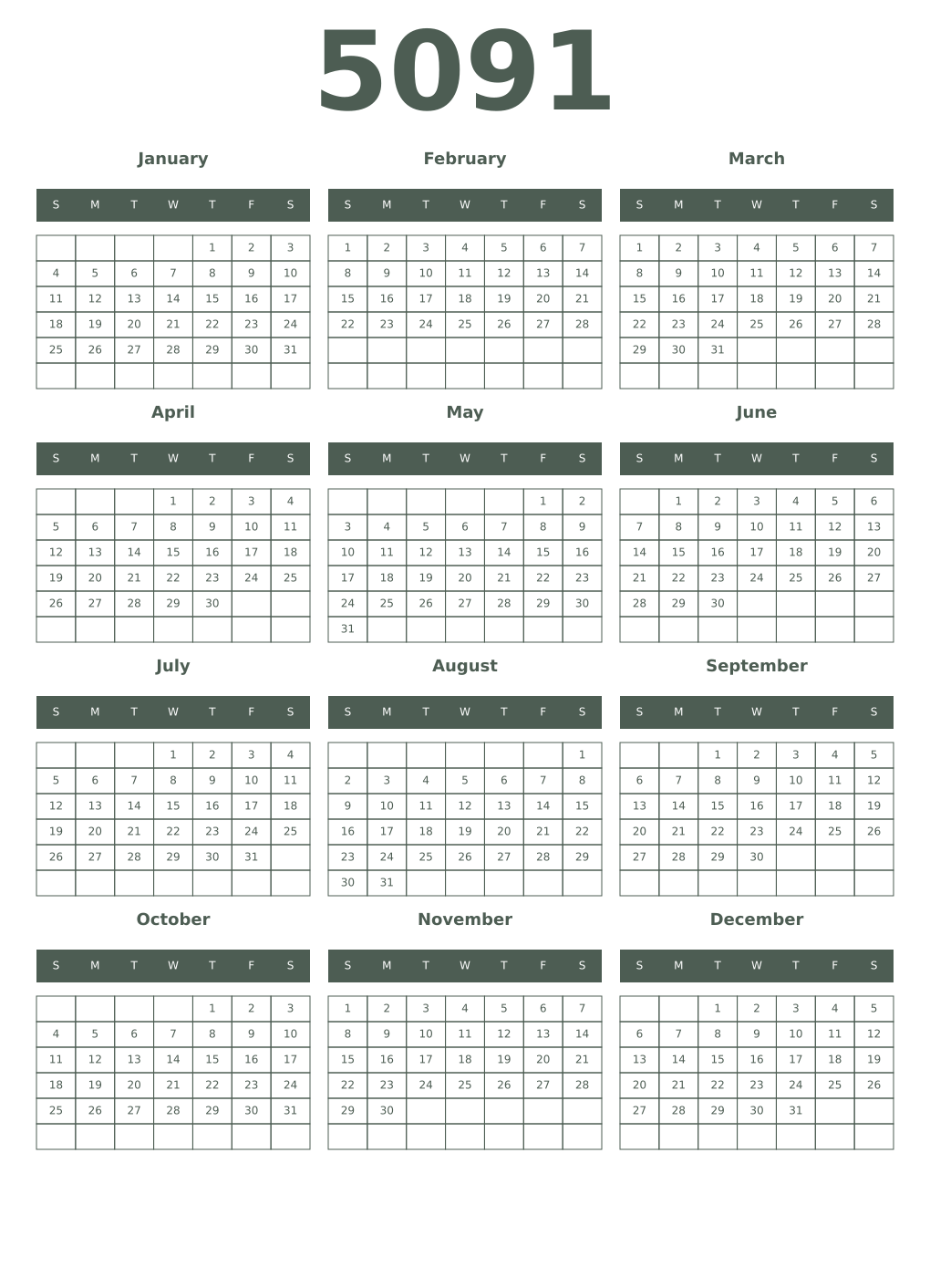 Printable 5091 Year Calendars feldgrau