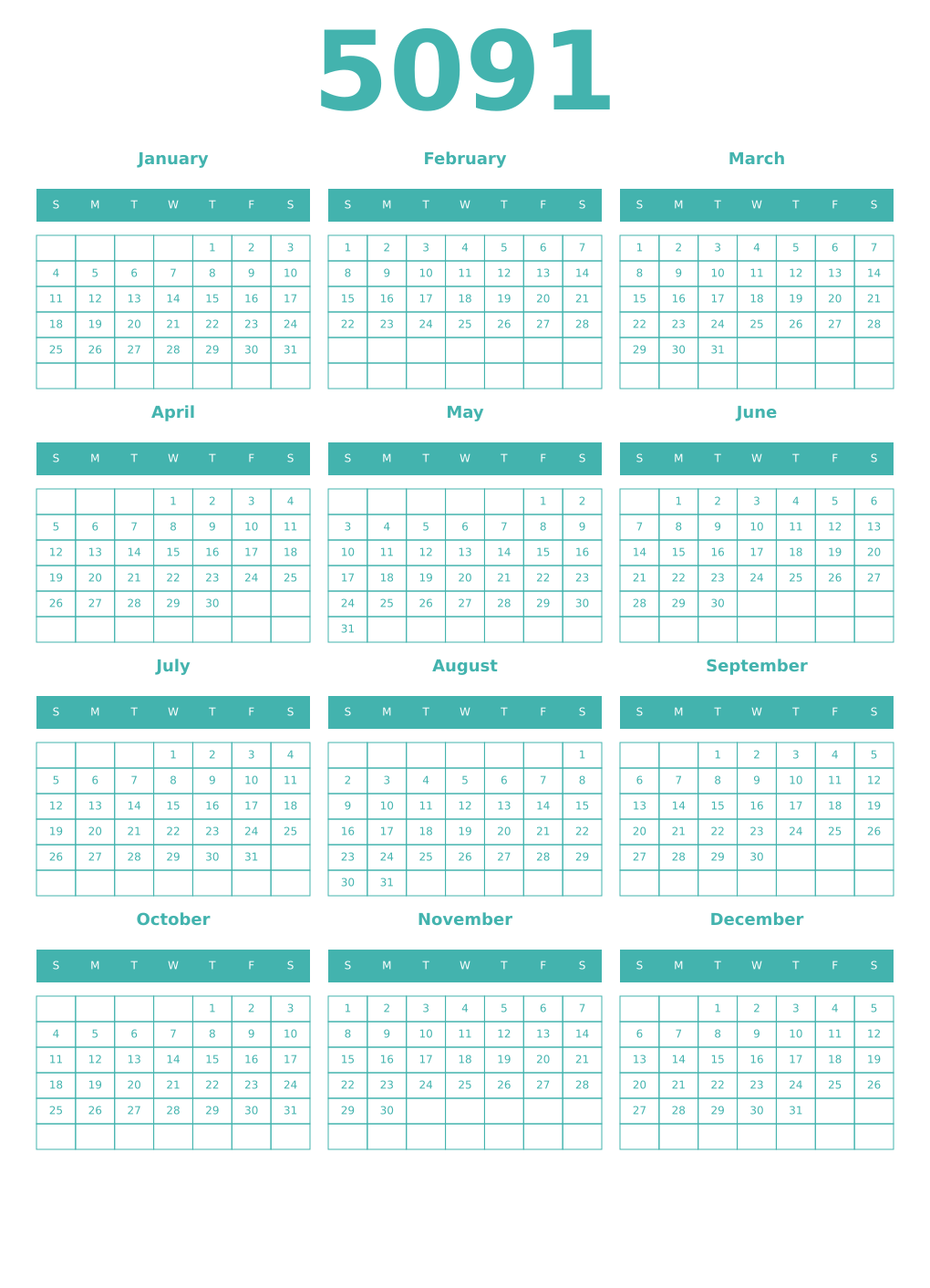Printable 5091 Year Calendars verdigris