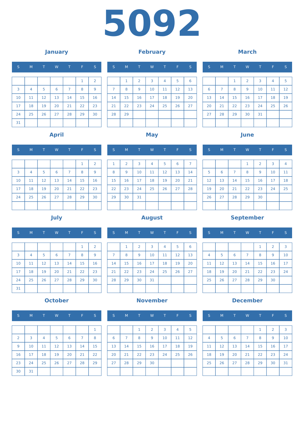 Printable 5092 Year Calendars blue