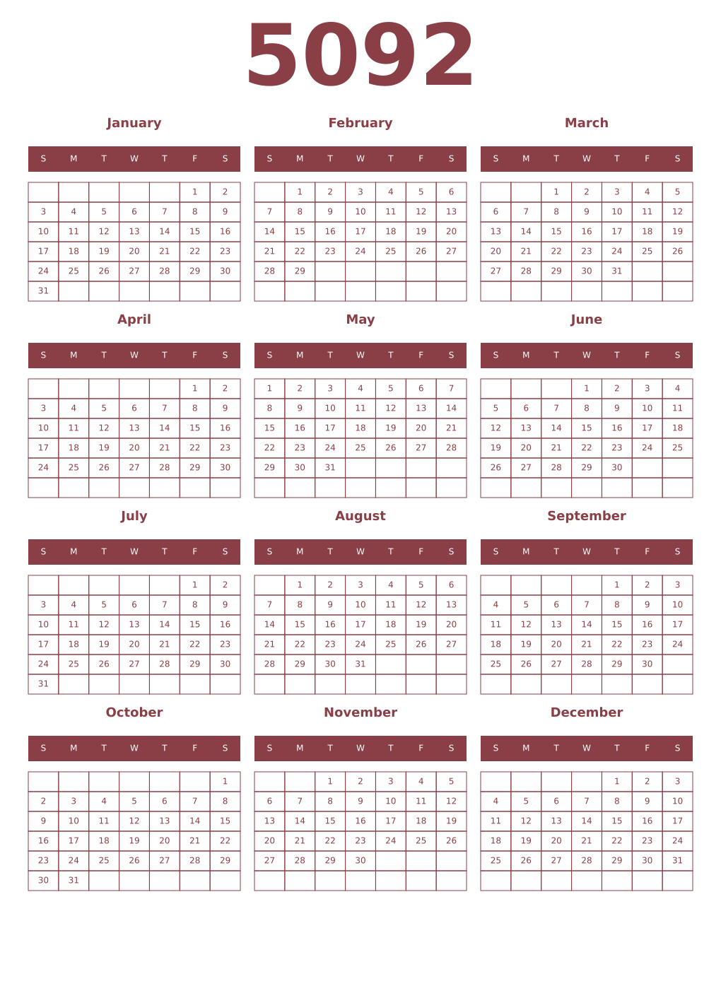 Printable 5092 Year Calendars cordovan