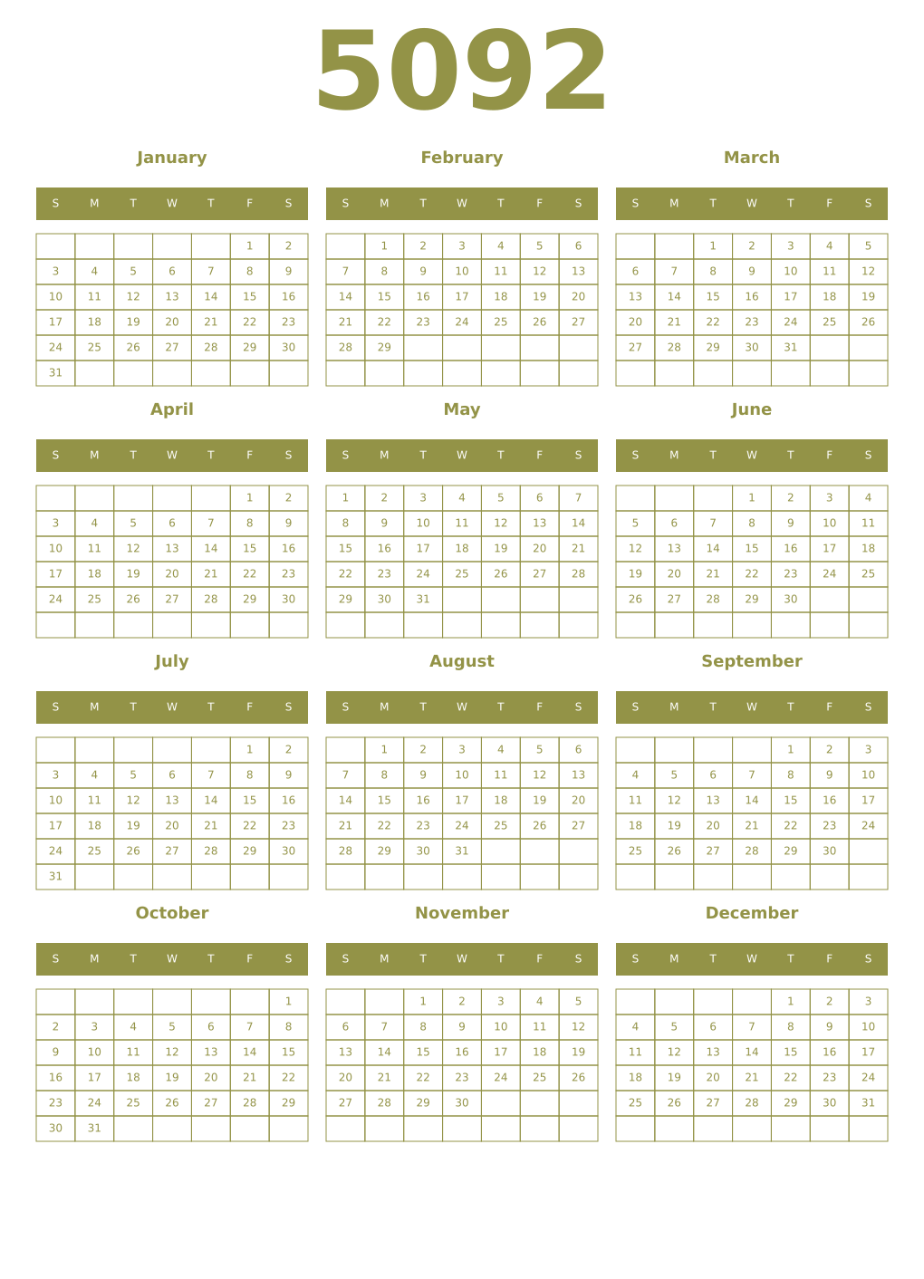 Printable 5092 Year Calendars eburnean