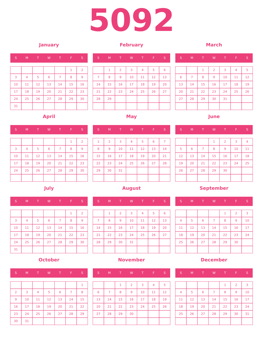 Printable 5092 Year Calendars pink