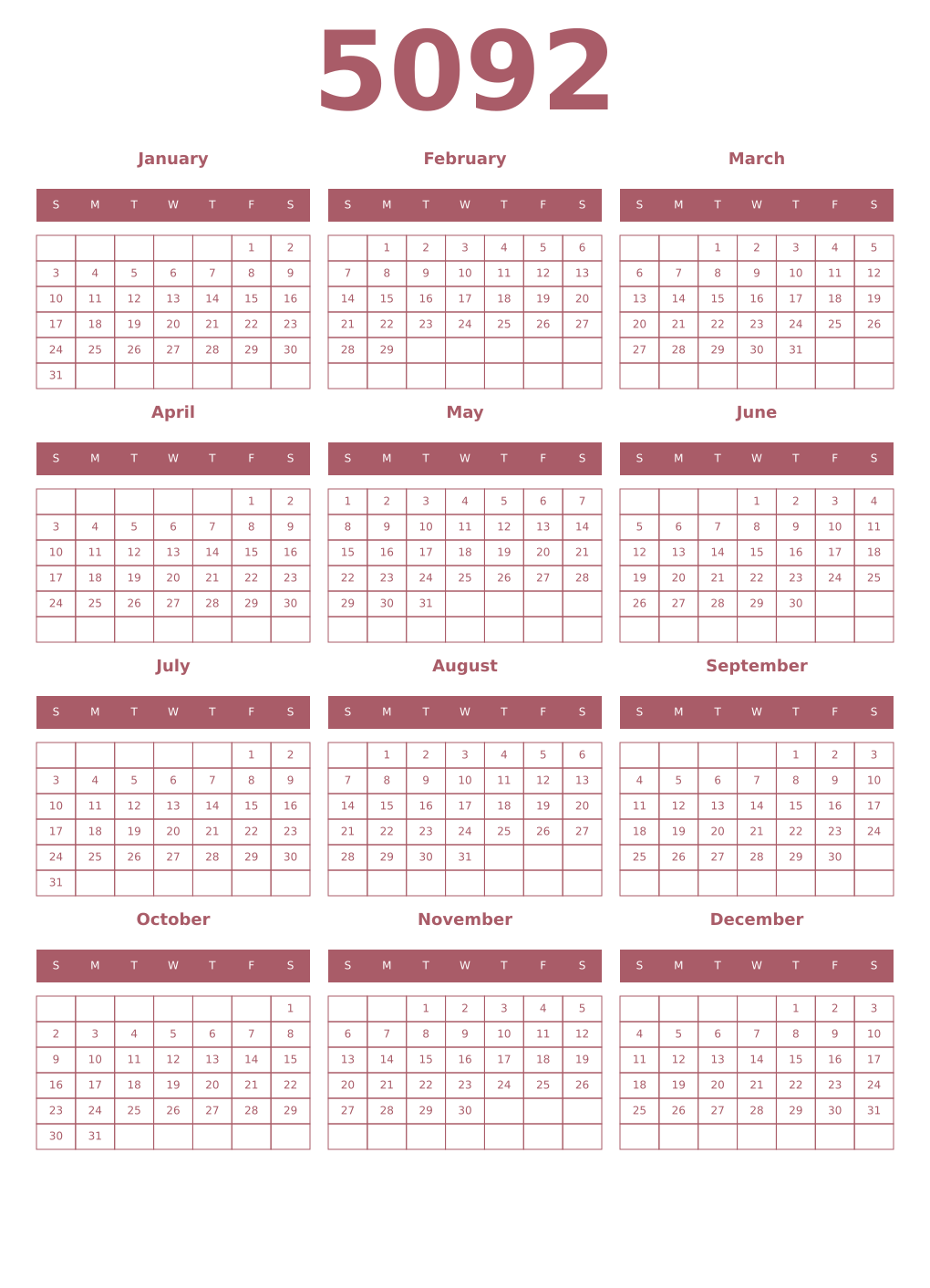 Printable 5092 Year Calendars puce