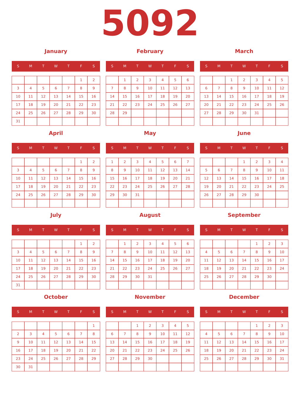 Printable 5092 Year Calendars red