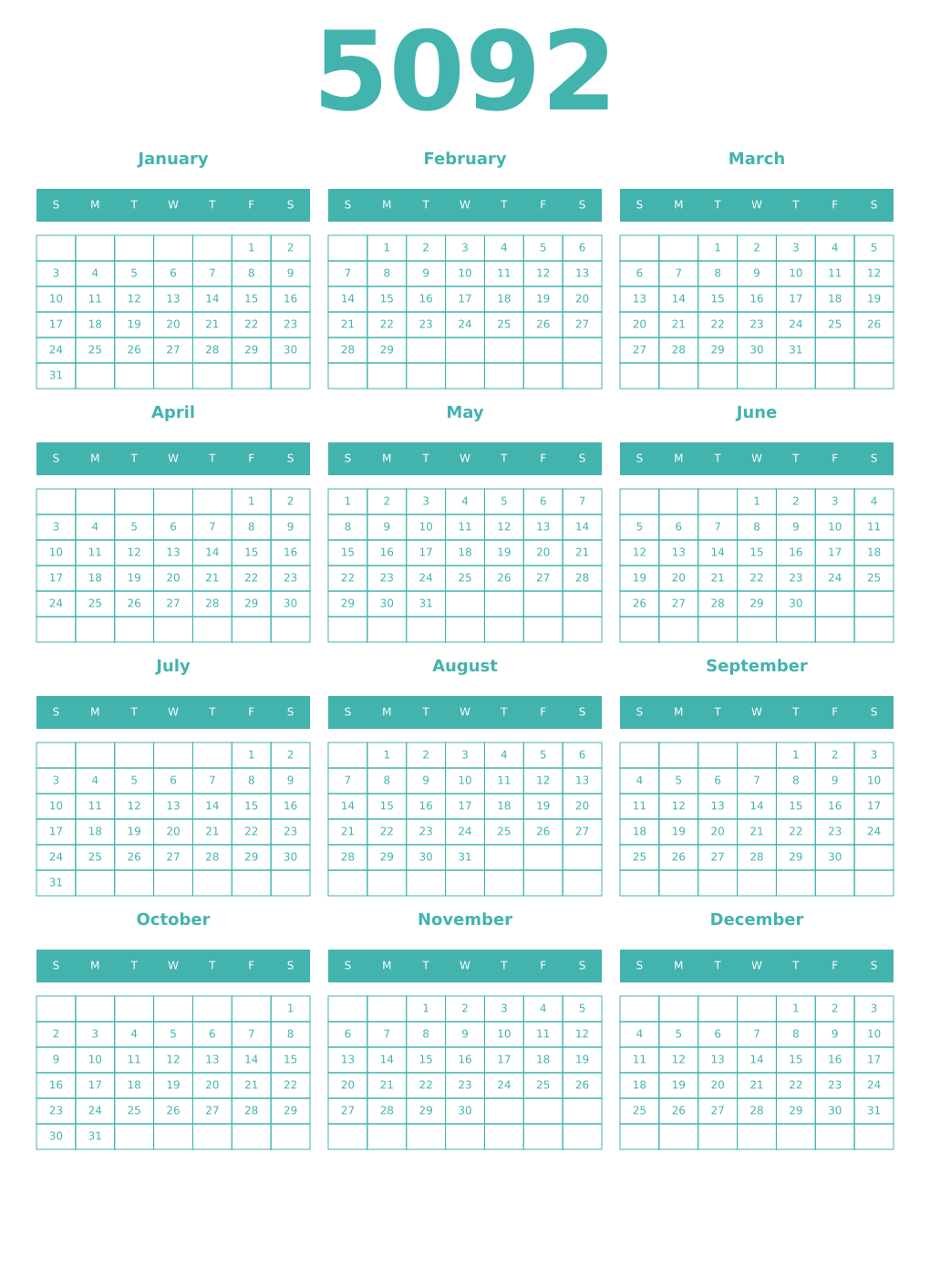 Printable 5092 Year Calendars verdigris