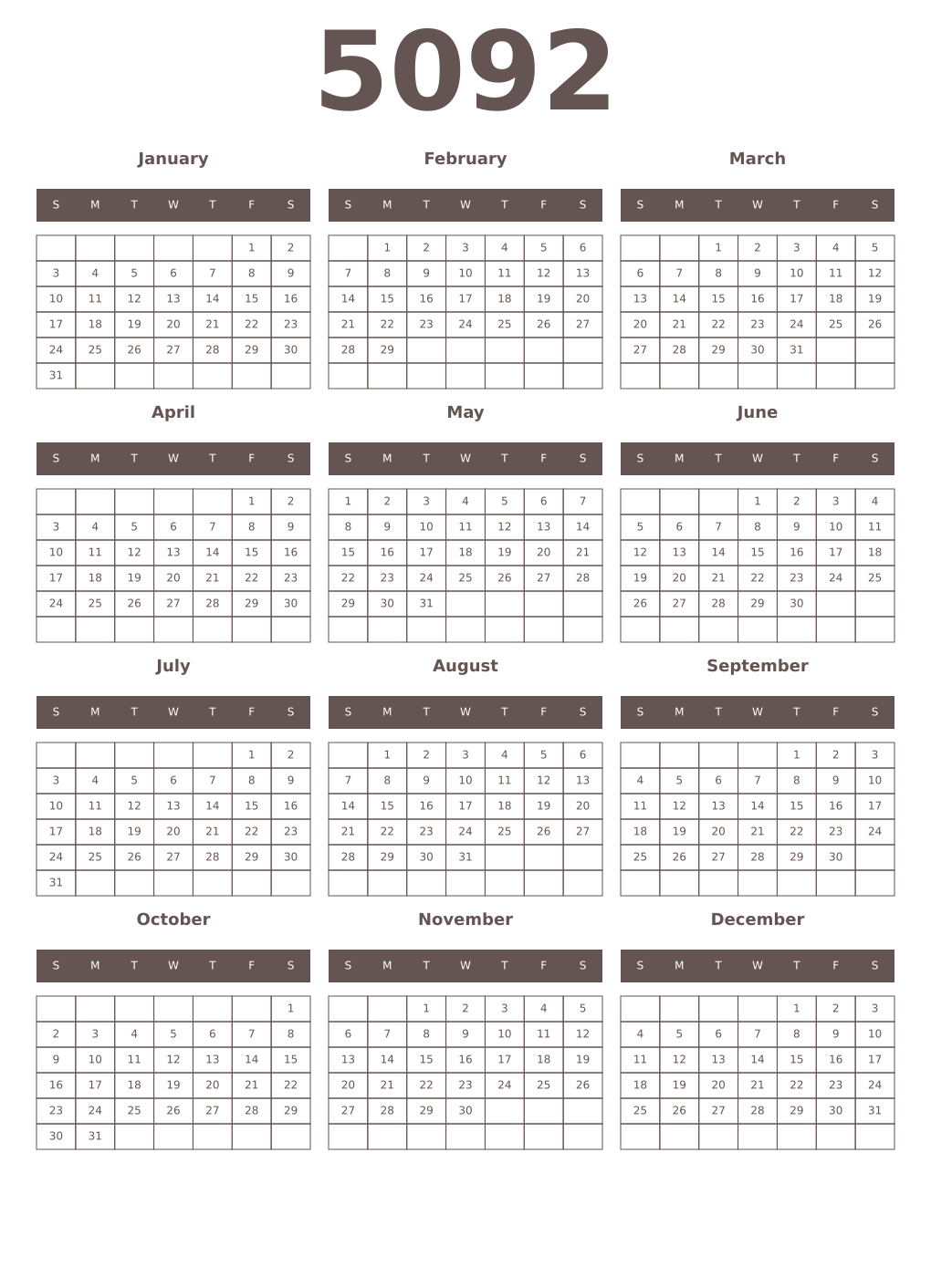 Printable 5092 Year Calendars wenge