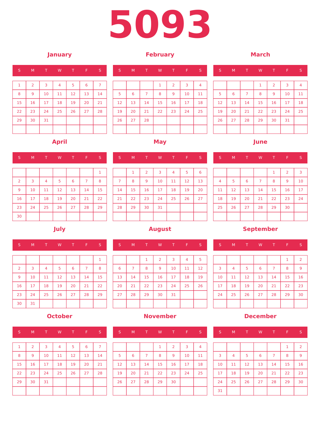 Printable 5093 Year Calendars amaranth