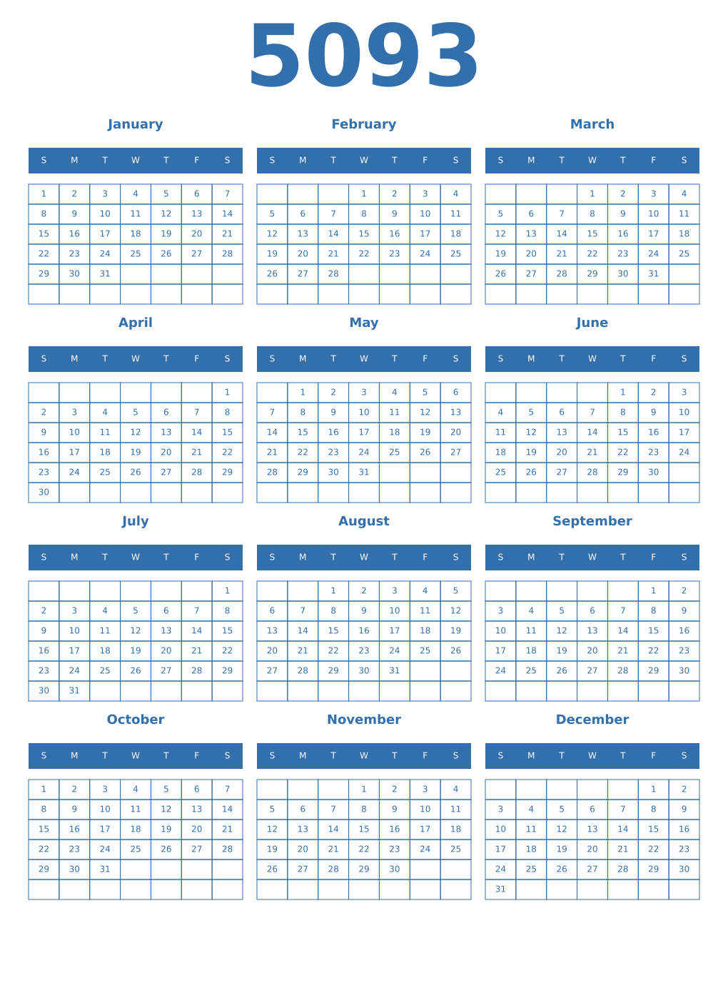 Printable 5093 Year Calendars blue