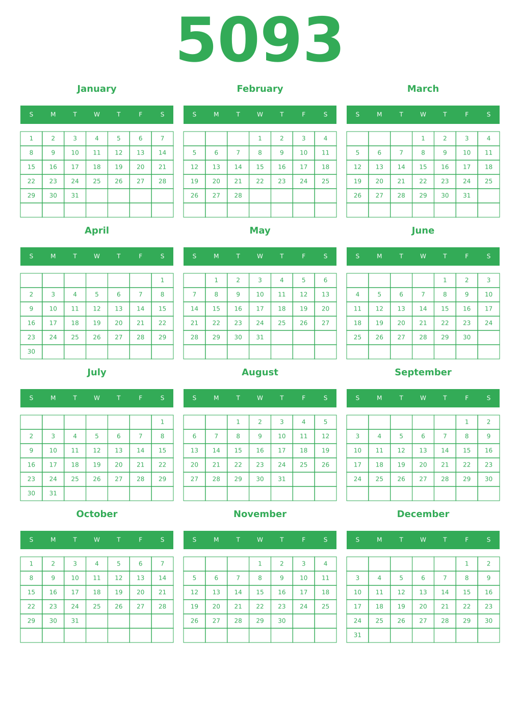Printable 5093 Year Calendars green
