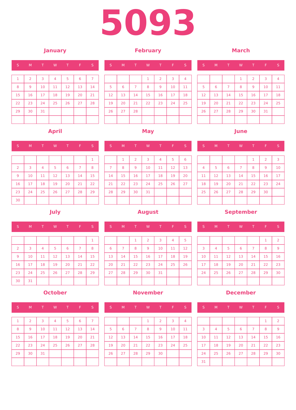 Printable 5093 Year Calendars pink