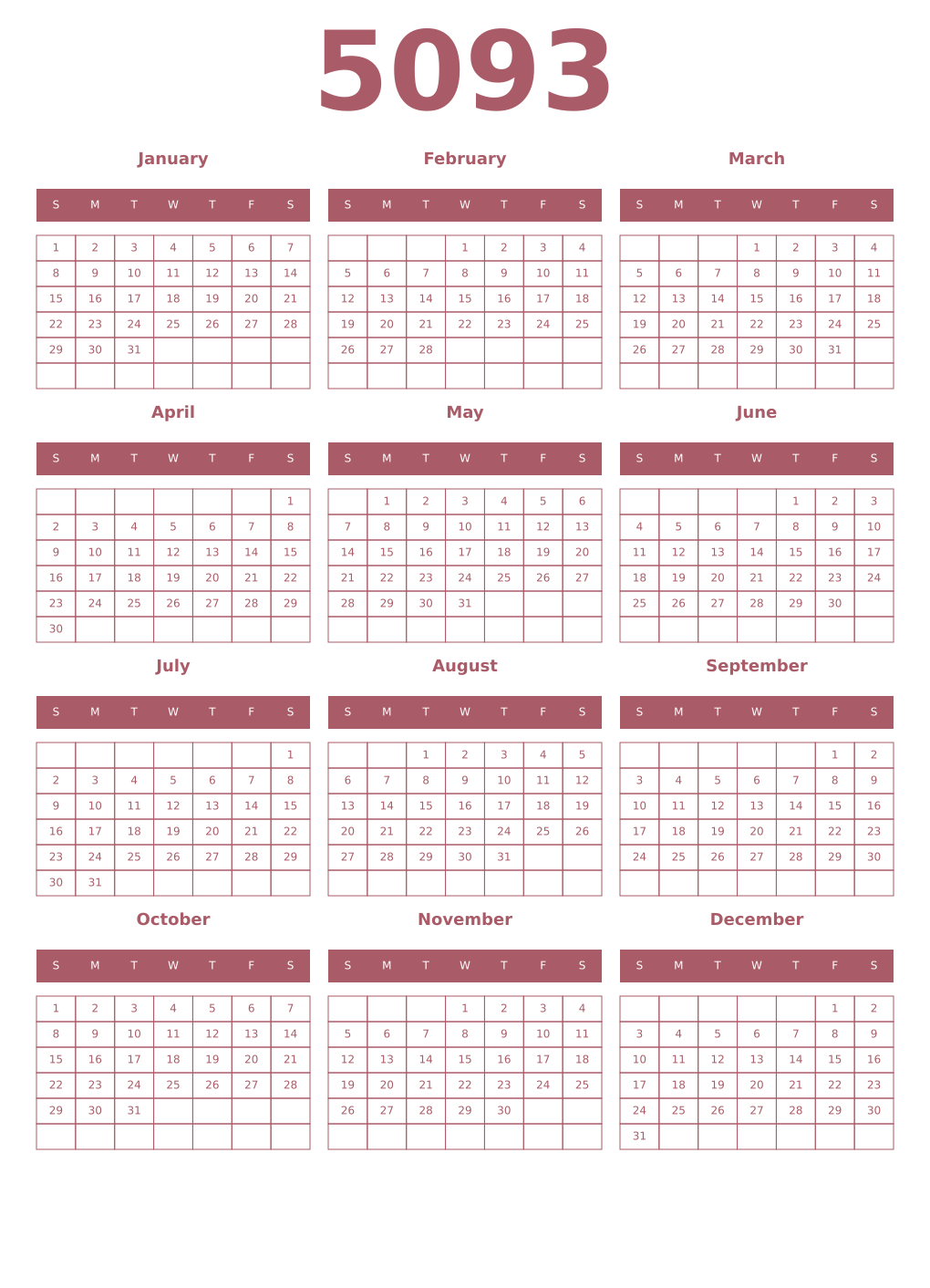 Printable 5093 Year Calendars puce